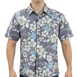 Cooke Street Hawaiian Aloha Shirt XL Tropical‎ Flowers Reverse Print Gray Blue